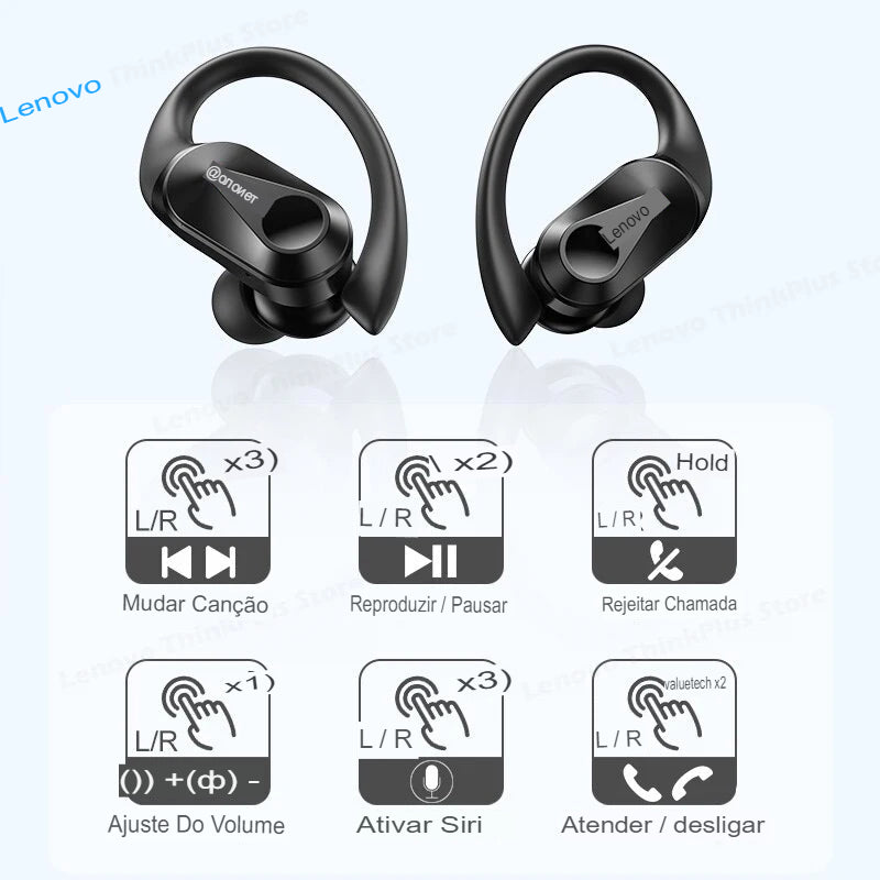 Fone de ouvido bluetooth Lenovo LP75 TWS | Fones de ouvido esportivos Bluetooth 5.3 Fones de ouvido sem fio à prova d'água HiFi estéreo com redução de ruído com microfones