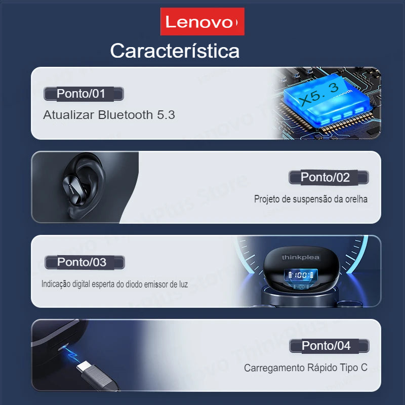 Fone de ouvido bluetooth Lenovo LP75 TWS | Fones de ouvido esportivos Bluetooth 5.3 Fones de ouvido sem fio à prova d'água HiFi estéreo com redução de ruído com microfones