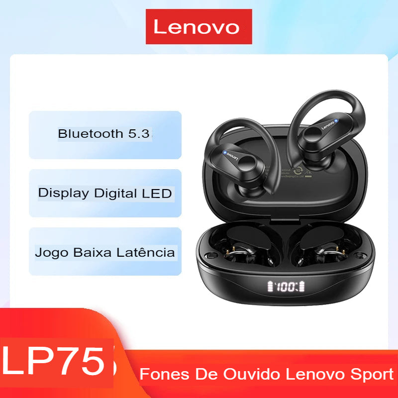 Fone de ouvido bluetooth Lenovo LP75 TWS | Fones de ouvido esportivos Bluetooth 5.3 Fones de ouvido sem fio à prova d'água HiFi estéreo com redução de ruído com microfones